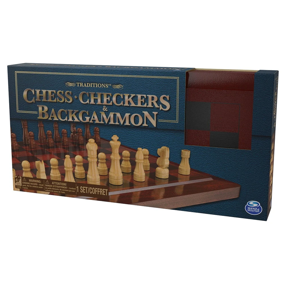 Cardinal Games Chess Checkers Backgammon Set with Wooden Storage Case, Wooden 3-Game Set