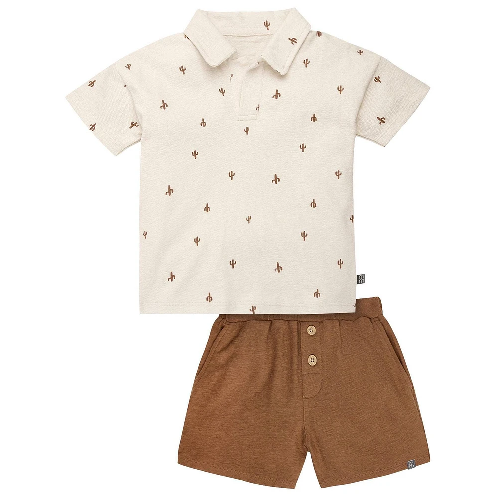 modern moments™ by Gerber® - Ensemble 2 Pièces Chemise Col Johnny + Short Cactus Beige Jersey structuré doux et extensible