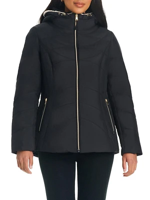 Details Women's Zip Front Bib With Faux Sherpa Hood Puffer Jacket