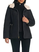 Details Women's Zip Front Bib With Faux Sherpa Hood Puffer Jacket