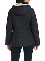 Details Women's Zip Front Bib With Faux Sherpa Hood Puffer Jacket