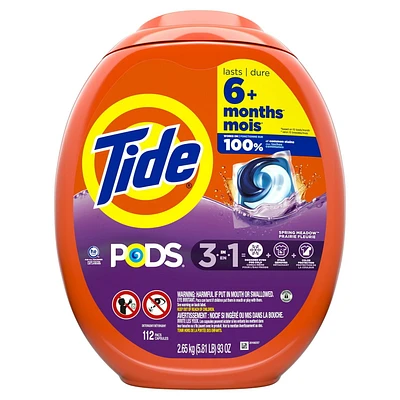 Tide PODS Laundry Detergent Soap Pacs, HE Compatible, Powerful 3-in-1 Clean in one Step, Spring Meadow Scent, 112CT