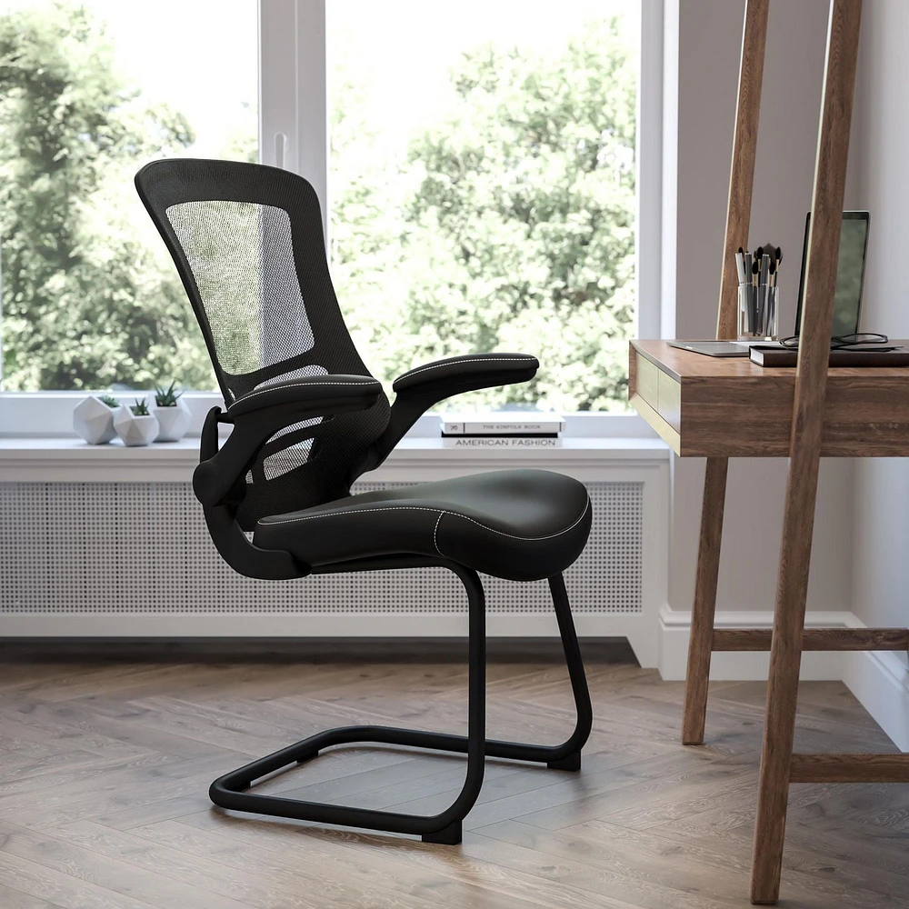 Black Mesh Sled Base Side Reception Chair with White Stitched LeatherSoft Seat and Flip-Up Arms