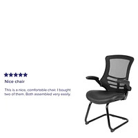 Black Mesh Sled Base Side Reception Chair with White Stitched LeatherSoft Seat and Flip-Up Arms