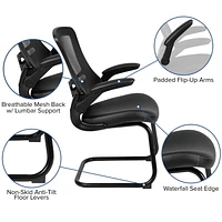 Black Mesh Sled Base Side Reception Chair with White Stitched LeatherSoft Seat and Flip-Up Arms