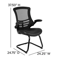 Black Mesh Sled Base Side Reception Chair with White Stitched LeatherSoft Seat and Flip-Up Arms