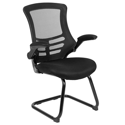 Black Mesh Sled Base Side Reception Chair with Flip-Up Arms