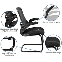 Black Mesh Sled Base Side Reception Chair with Flip-Up Arms