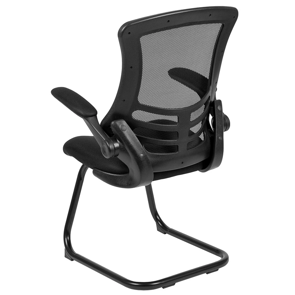 Black Mesh Sled Base Side Reception Chair with Flip-Up Arms