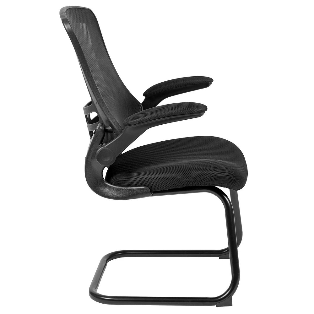 Black Mesh Sled Base Side Reception Chair with Flip-Up Arms