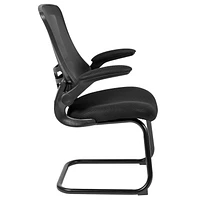 Black Mesh Sled Base Side Reception Chair with Flip-Up Arms