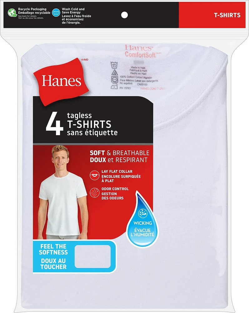 Paquet de T-shirts à Col Rond pour Homme Hanes, Évacuation de l’Humidité Blanc - Paquet de 4