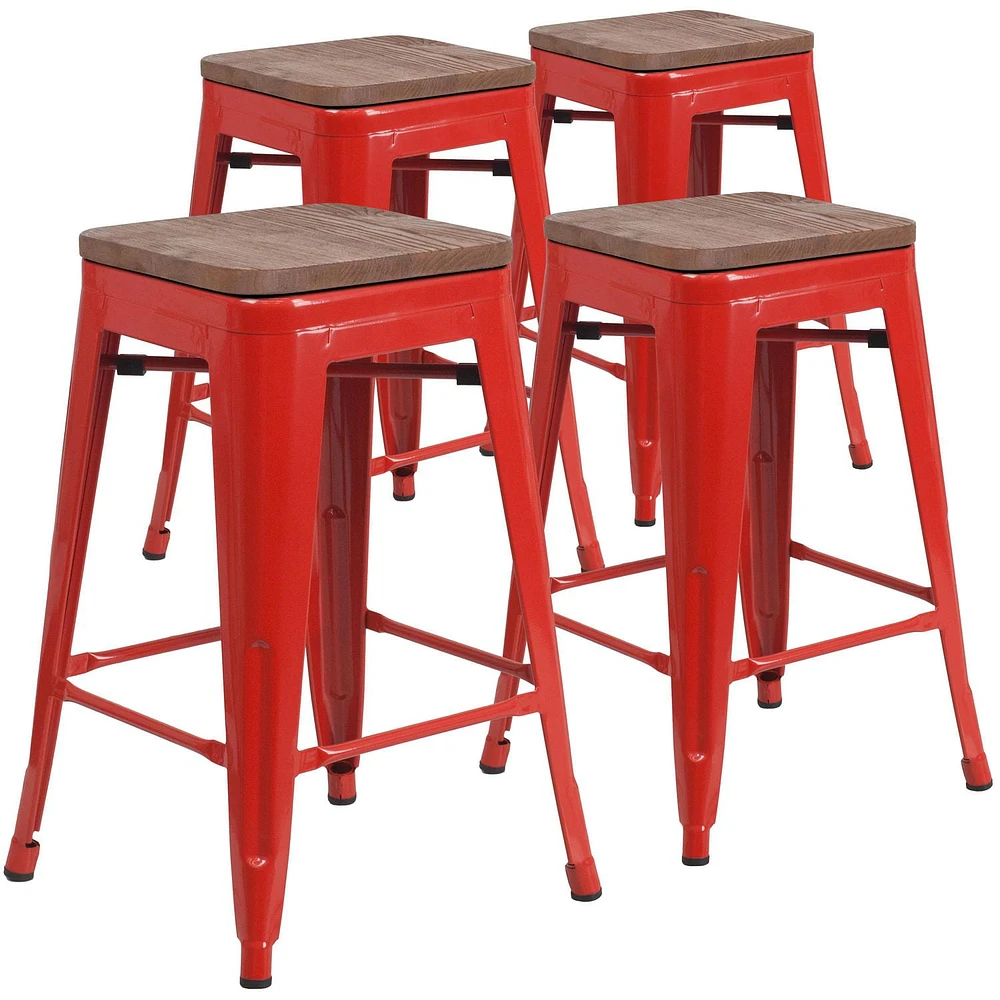 4 Pk. 24" High Backless Red Metal Counter Height Stool with Square Wood Seat