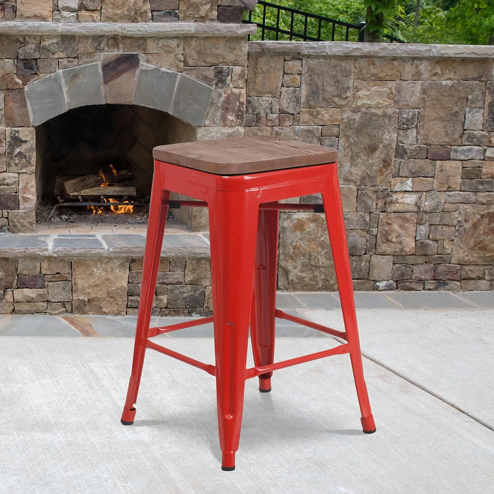 4 Pk. 24" High Backless Red Metal Counter Height Stool with Square Wood Seat