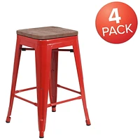 4 Pk. 24" High Backless Red Metal Counter Height Stool with Square Wood Seat