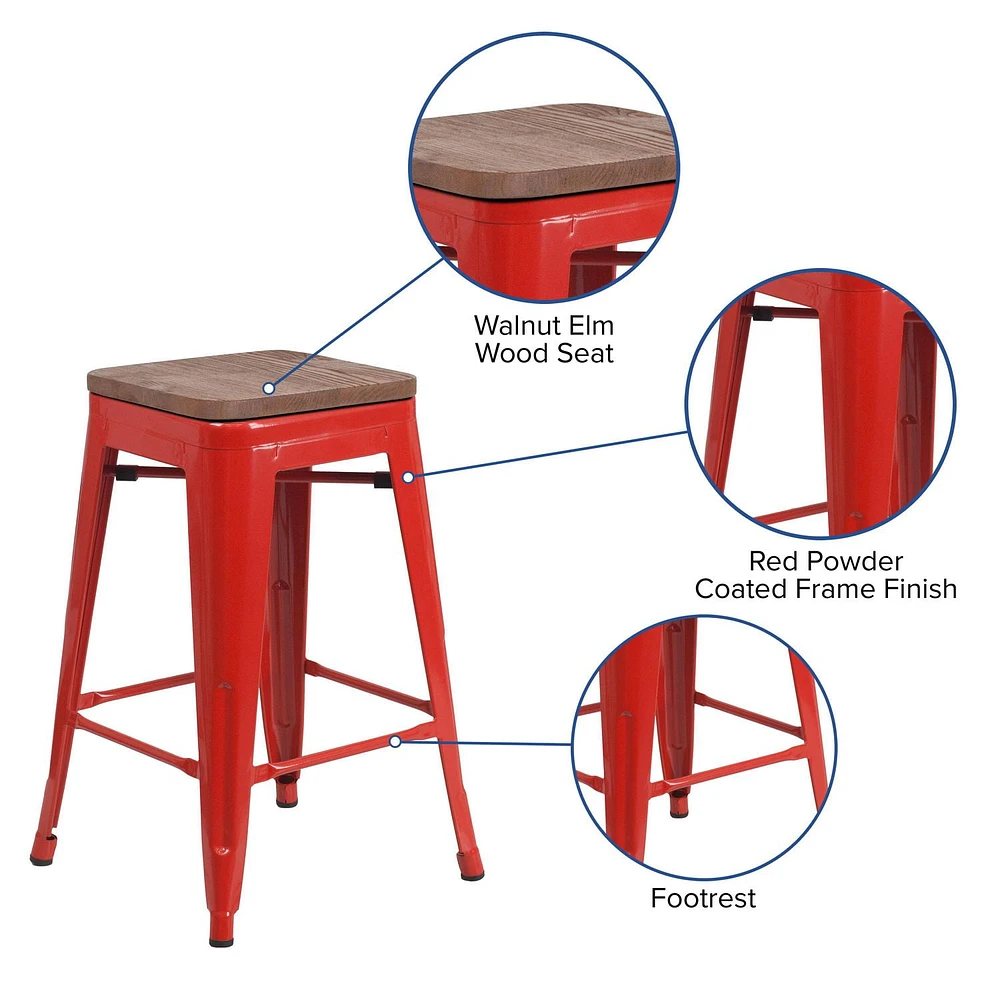 4 Pk. 24" High Backless Red Metal Counter Height Stool with Square Wood Seat