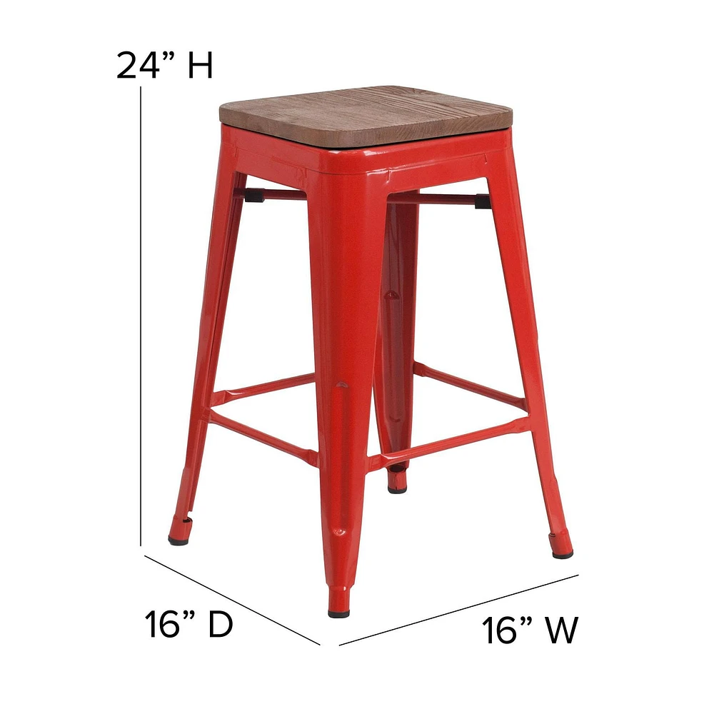 4 Pk. 24" High Backless Red Metal Counter Height Stool with Square Wood Seat