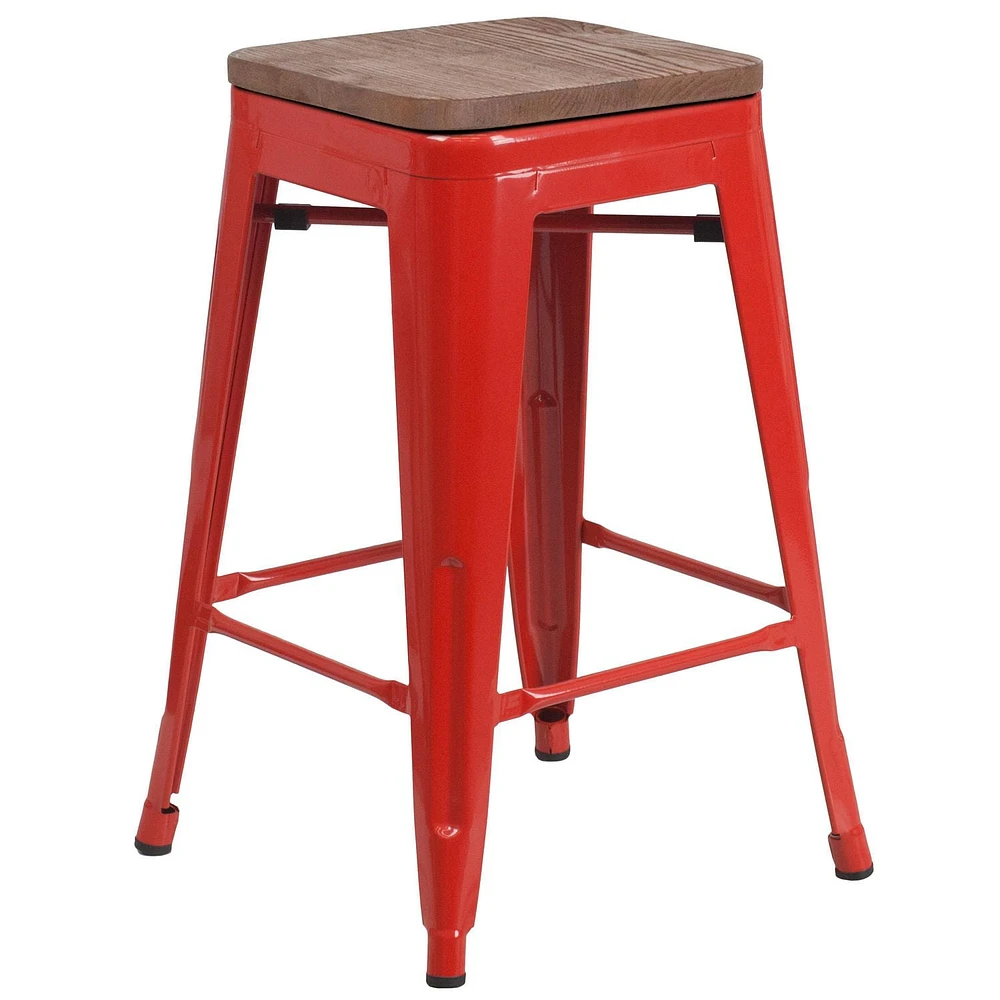 4 Pk. 24" High Backless Red Metal Counter Height Stool with Square Wood Seat