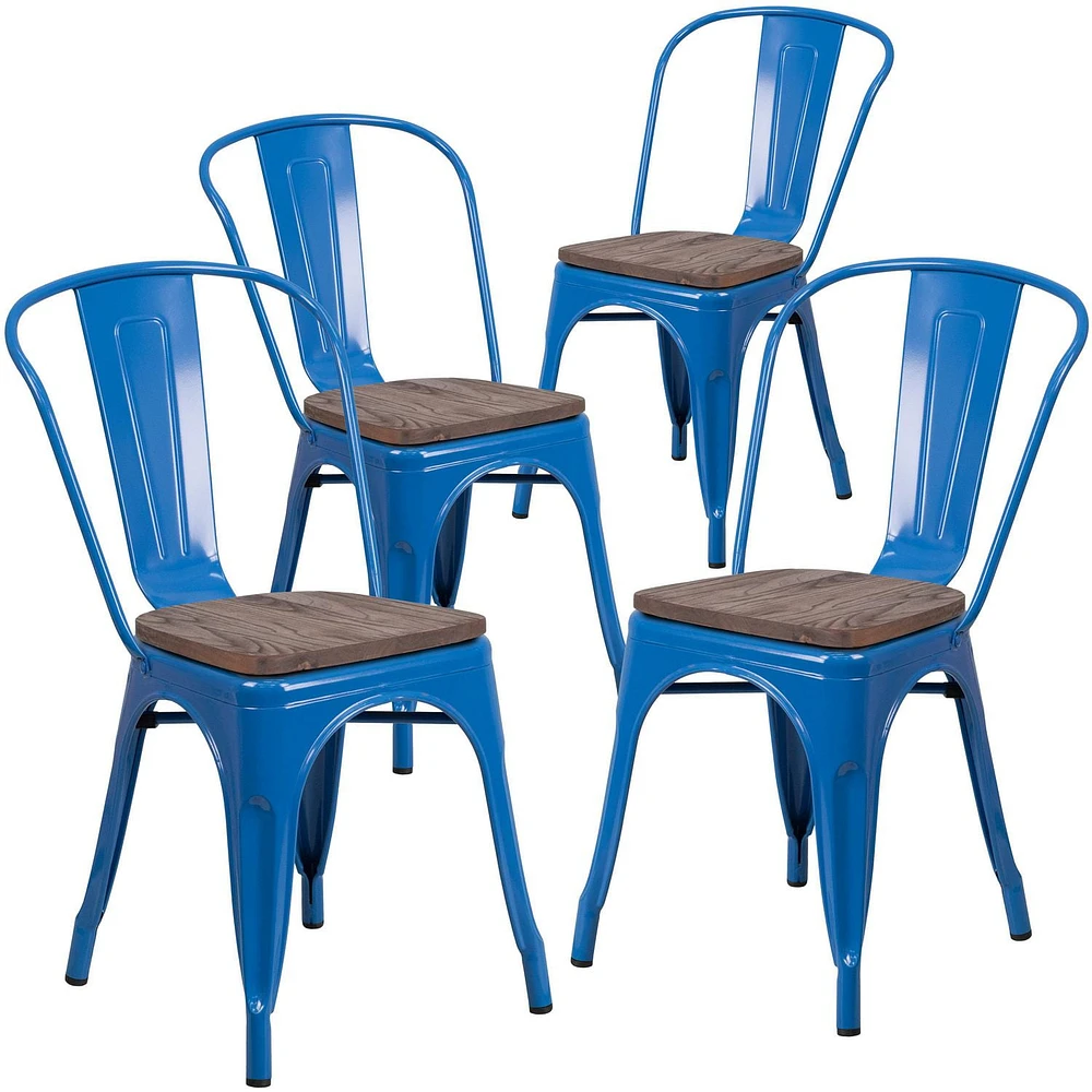 4 Pk. Blue Metal Stackable Chair with Wood Seat