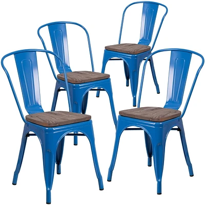 4 Pk. Blue Metal Stackable Chair with Wood Seat