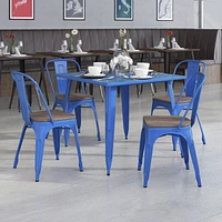 4 Pk. Blue Metal Stackable Chair with Wood Seat