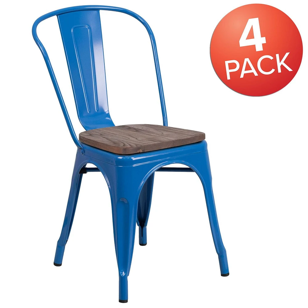 4 Pk. Blue Metal Stackable Chair with Wood Seat