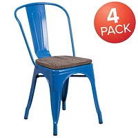 4 Pk. Blue Metal Stackable Chair with Wood Seat