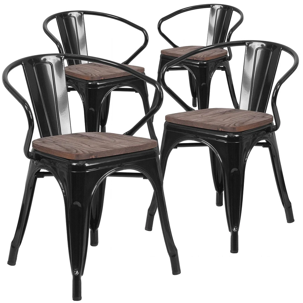 4 Pk. Metal Chair with Wood Seat and Arms