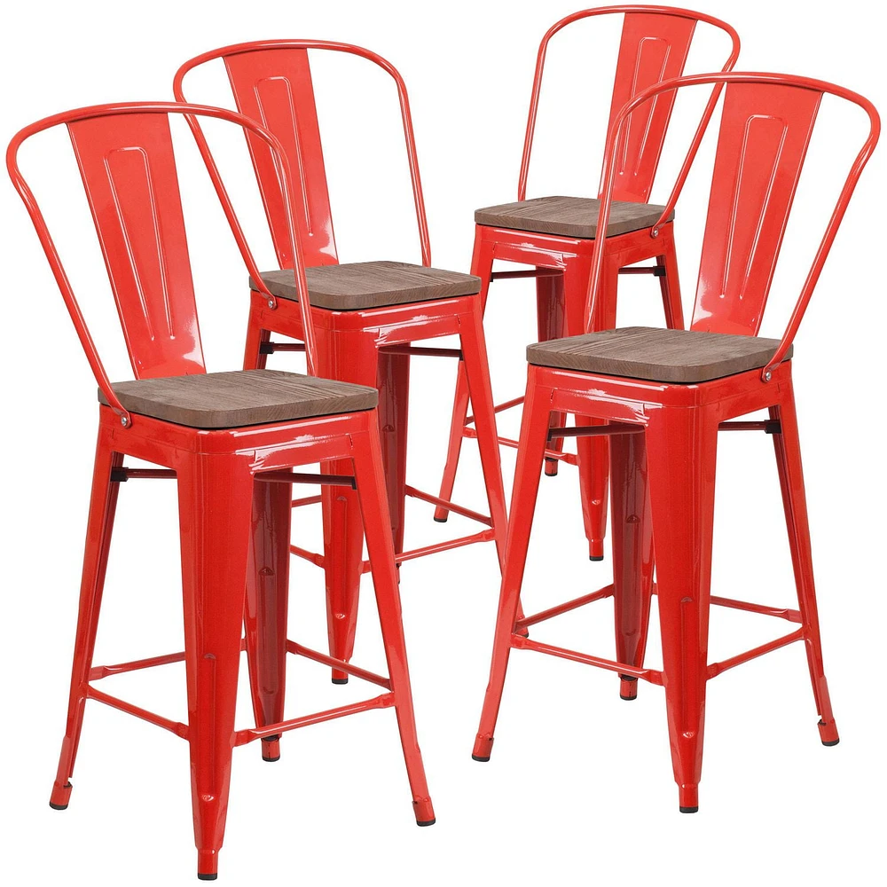 4 Pk. 24" High Red Metal Counter Height Stool with Back and Wood Seat