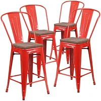 4 Pk. 24" High Red Metal Counter Height Stool with Back and Wood Seat