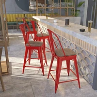 4 Pk. 24" High Red Metal Counter Height Stool with Back and Wood Seat