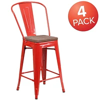 4 Pk. 24" High Red Metal Counter Height Stool with Back and Wood Seat