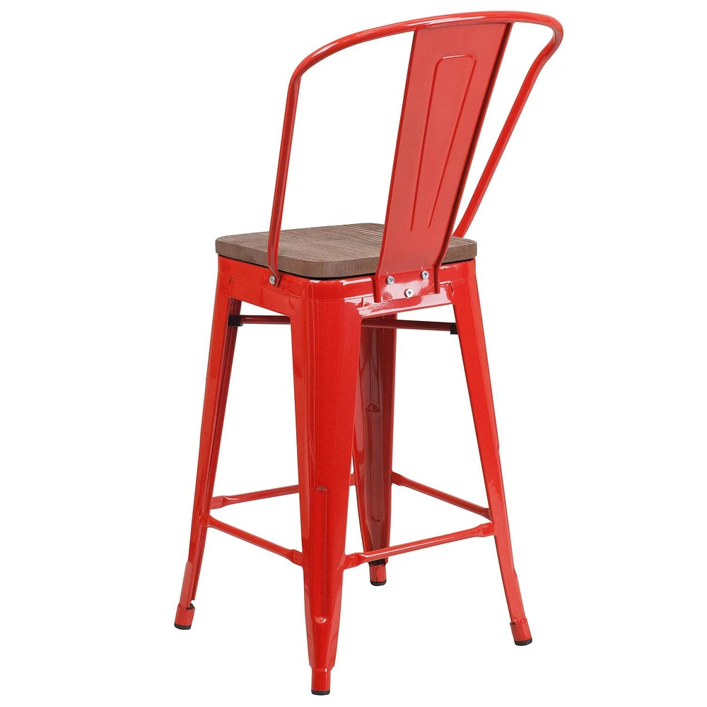 4 Pk. 24" High Red Metal Counter Height Stool with Back and Wood Seat