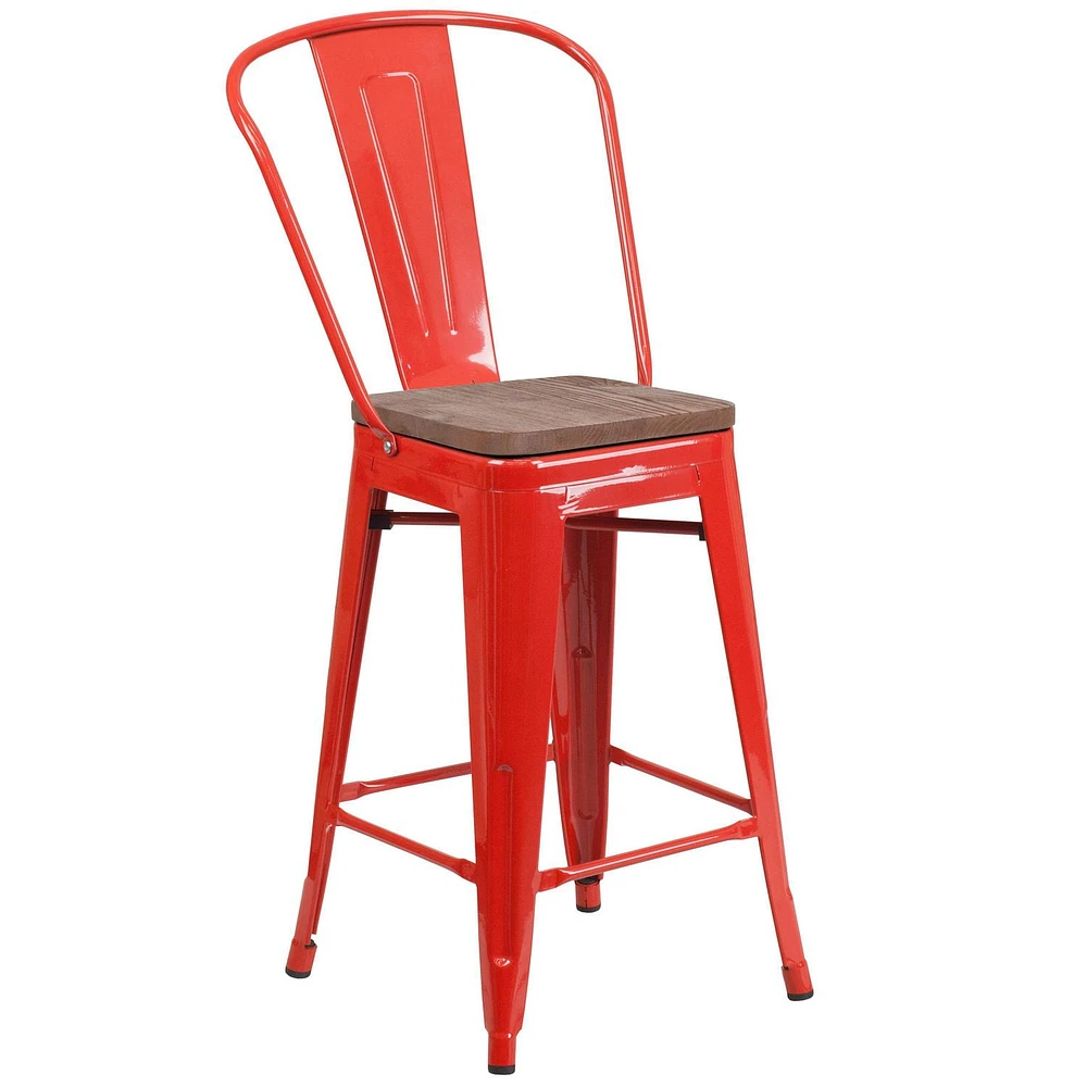 4 Pk. 24" High Red Metal Counter Height Stool with Back and Wood Seat