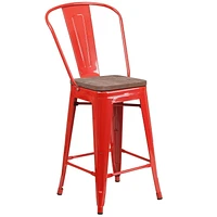 4 Pk. 24" High Red Metal Counter Height Stool with Back and Wood Seat