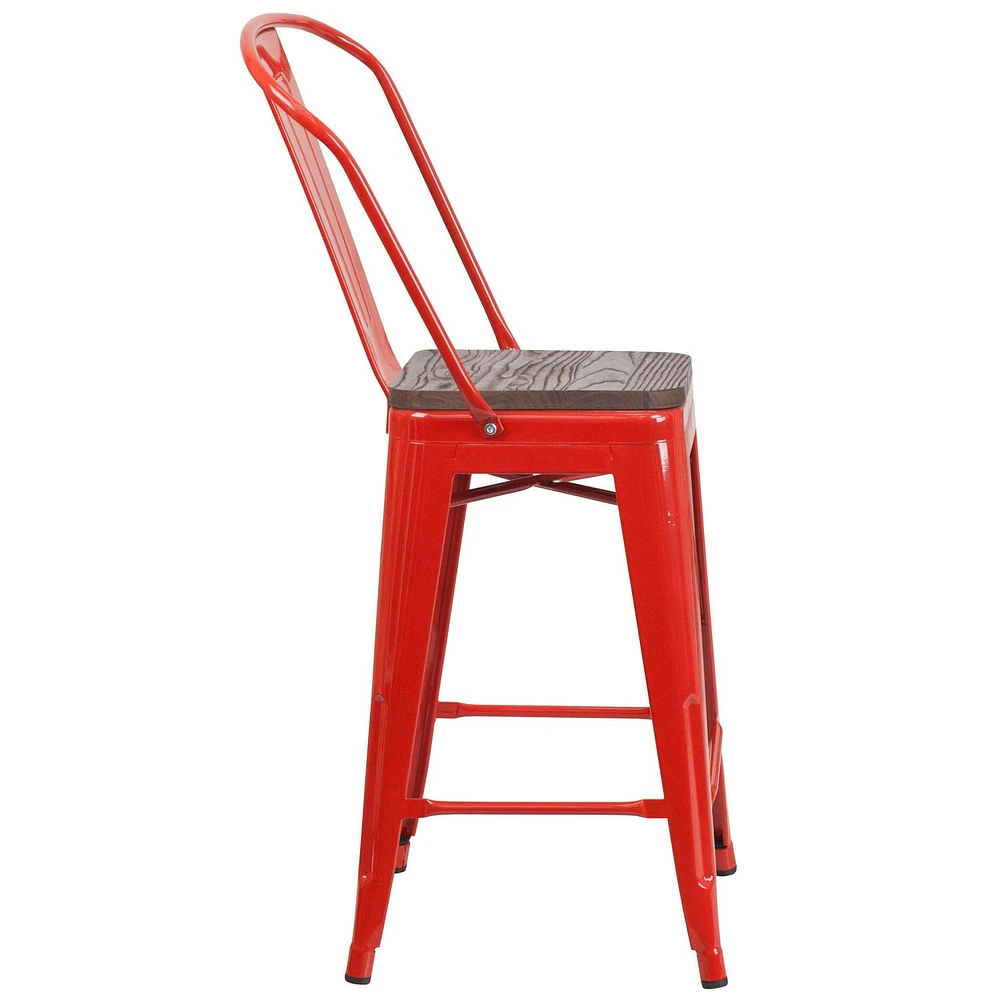 4 Pk. 24" High Red Metal Counter Height Stool with Back and Wood Seat