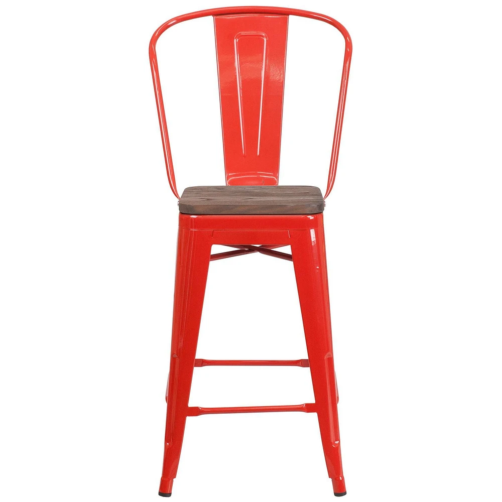 4 Pk. 24" High Red Metal Counter Height Stool with Back and Wood Seat