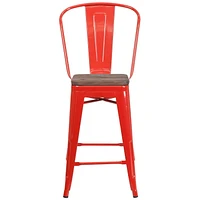 4 Pk. 24" High Red Metal Counter Height Stool with Back and Wood Seat