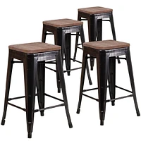 4 Pk. 24" High Backless Black-Antique Gold Metal Counter Height Stool with Square Wood Seat