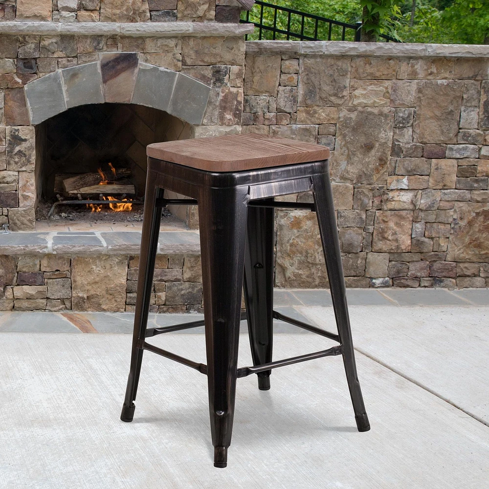 4 Pk. 24" High Backless Black-Antique Gold Metal Counter Height Stool with Square Wood Seat