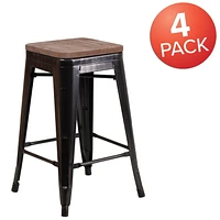 4 Pk. 24" High Backless Black-Antique Gold Metal Counter Height Stool with Square Wood Seat