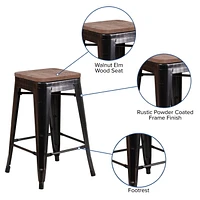 4 Pk. 24" High Backless Black-Antique Gold Metal Counter Height Stool with Square Wood Seat