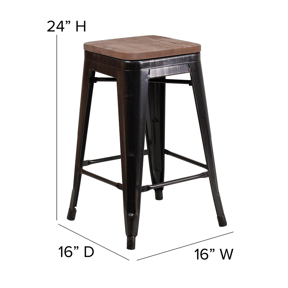 4 Pk. 24" High Backless Black-Antique Gold Metal Counter Height Stool with Square Wood Seat