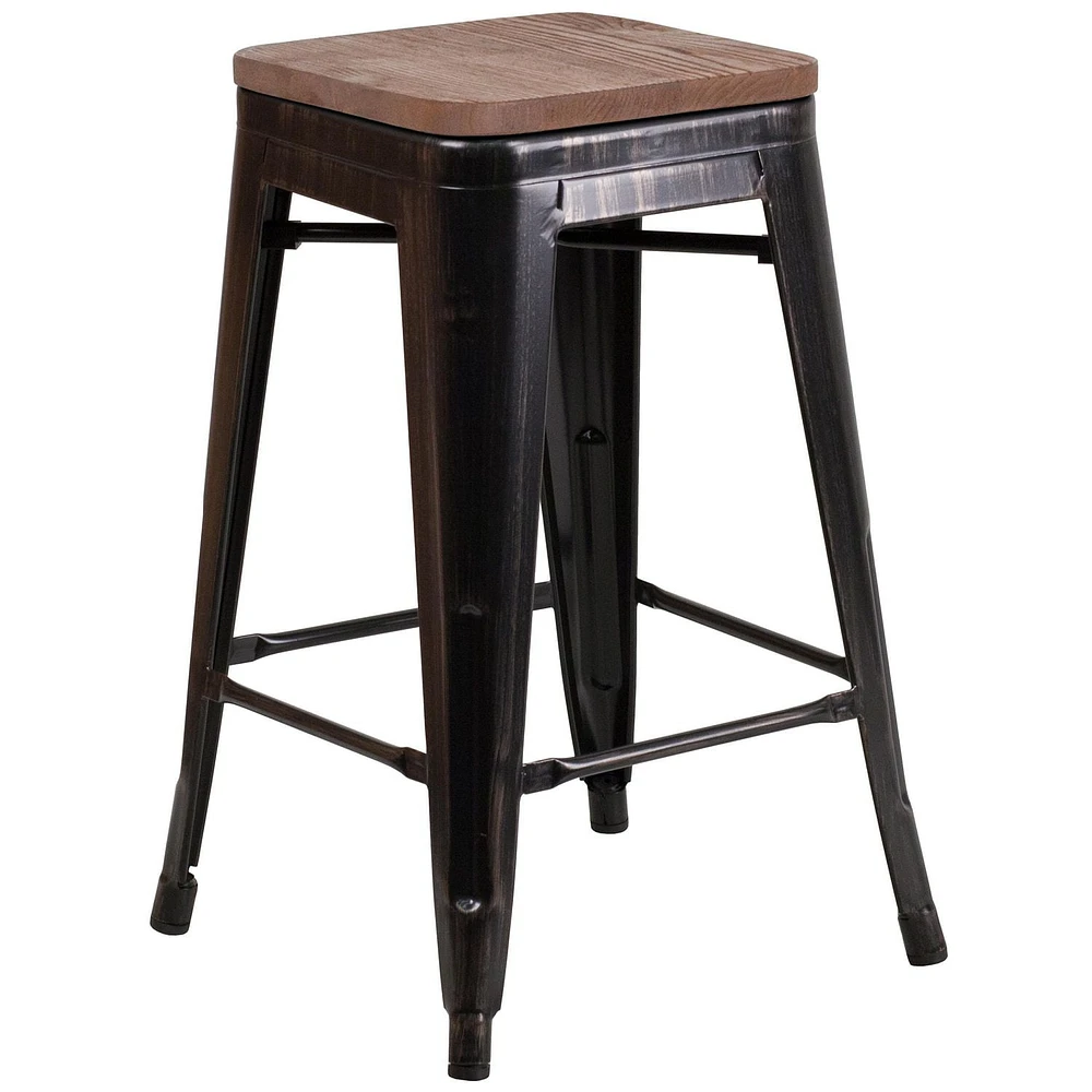 4 Pk. 24" High Backless Black-Antique Gold Metal Counter Height Stool with Square Wood Seat