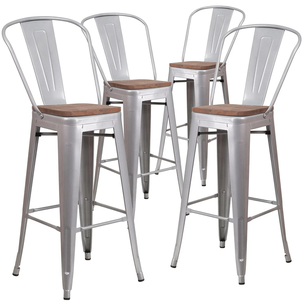 4 Pk. 30" High Silver Metal Barstool with Back and Wood Seat