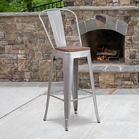 4 Pk. 30" High Silver Metal Barstool with Back and Wood Seat