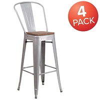 4 Pk. 30" High Silver Metal Barstool with Back and Wood Seat