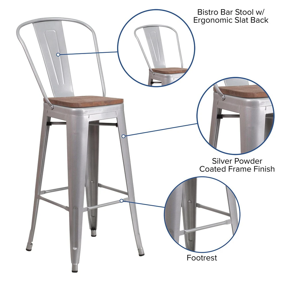 4 Pk. 30" High Silver Metal Barstool with Back and Wood Seat