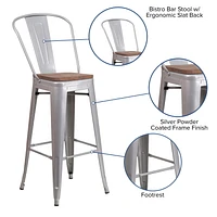 4 Pk. 30" High Silver Metal Barstool with Back and Wood Seat