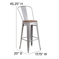 4 Pk. 30" High Silver Metal Barstool with Back and Wood Seat